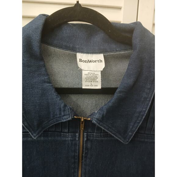 Bon Worth Blue Denim Blouson Style Jacket Stretch Relaxed Fit Zipper Front sz L - Picture 2 of 11